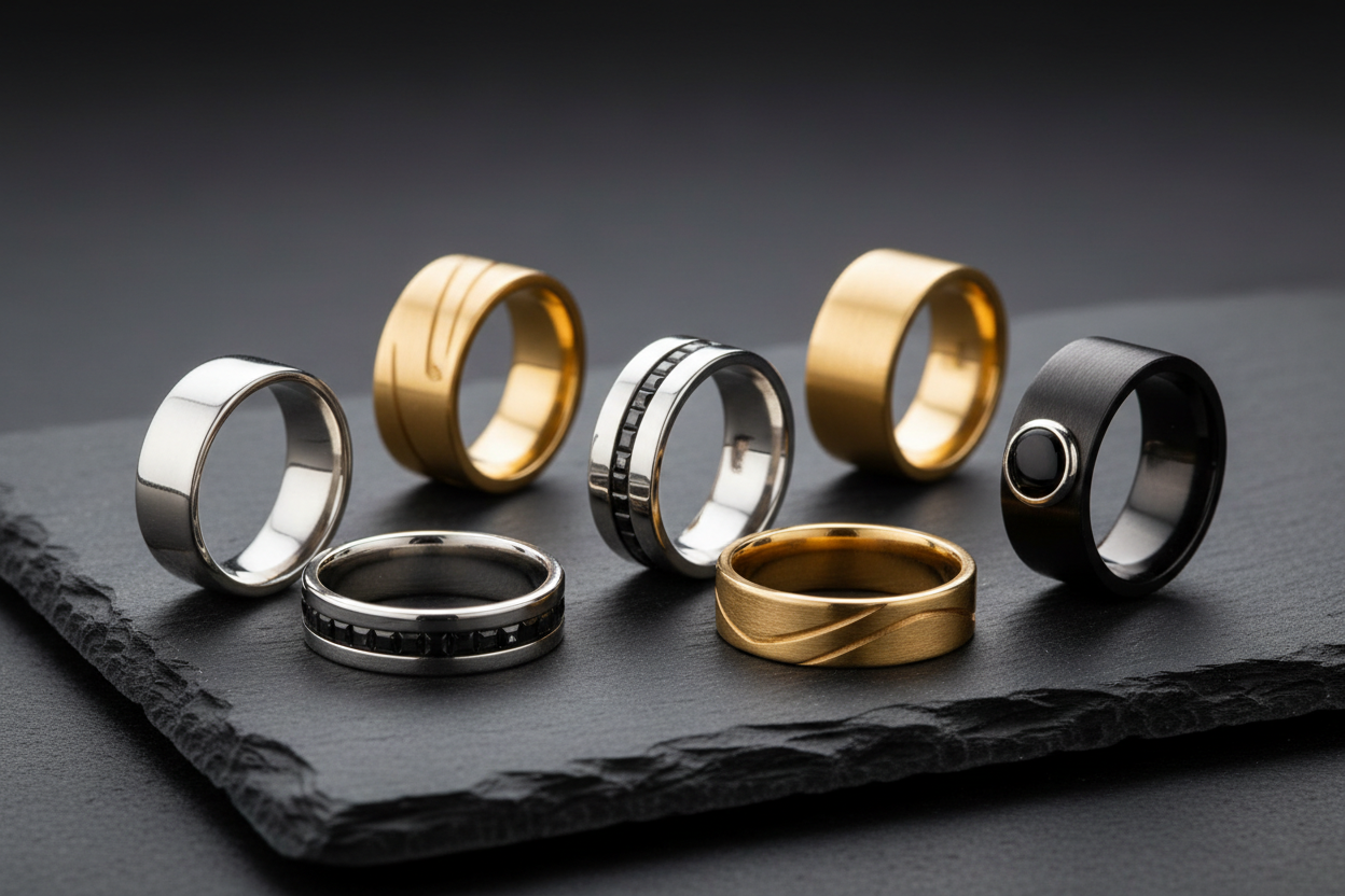 Hand wearing multiple rings in warm sunlight, trendy unisex jewelry style