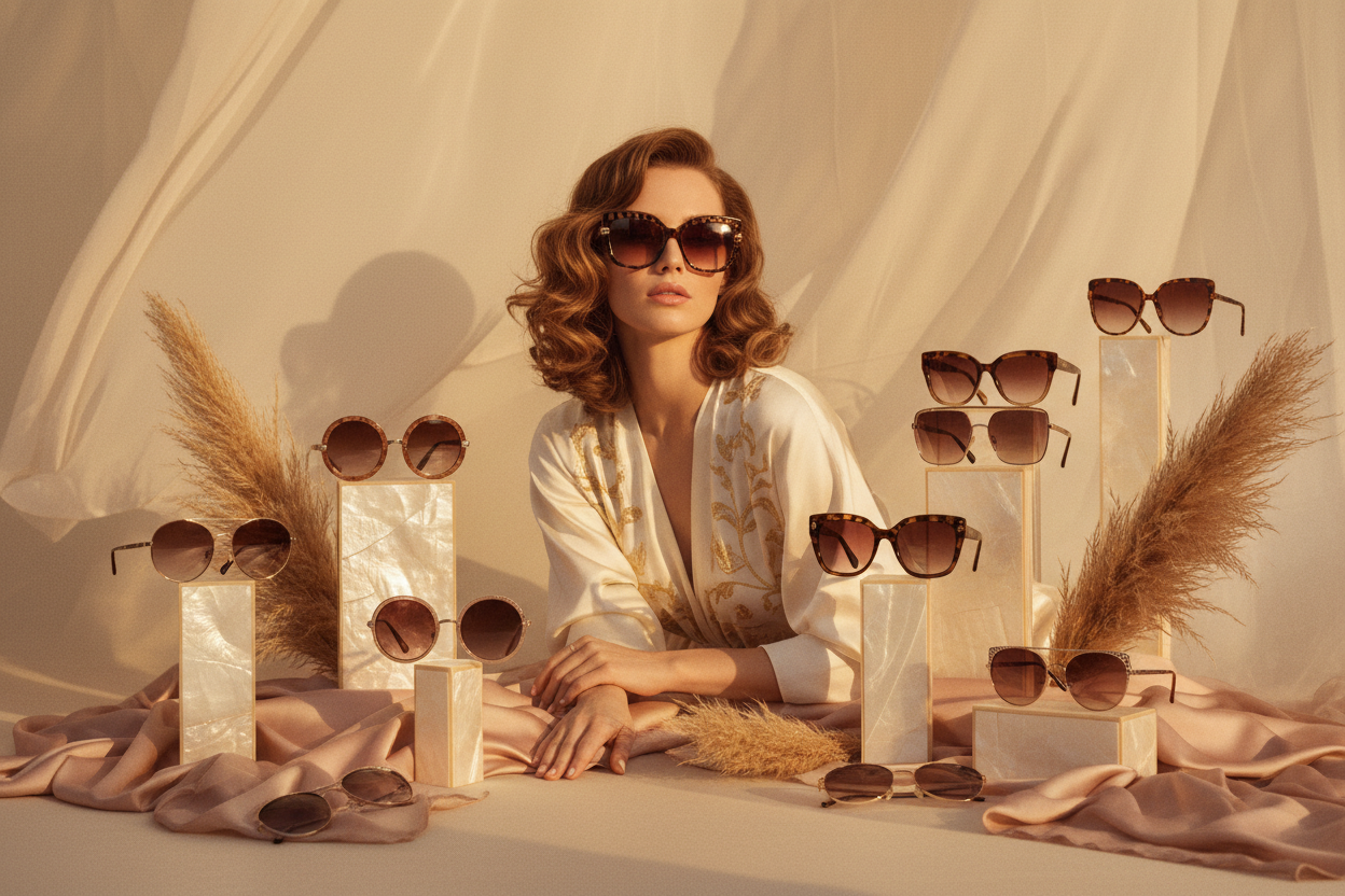 Woman wearing futuristic mirrored sunglasses and layered necklaces, bold fashion accessories