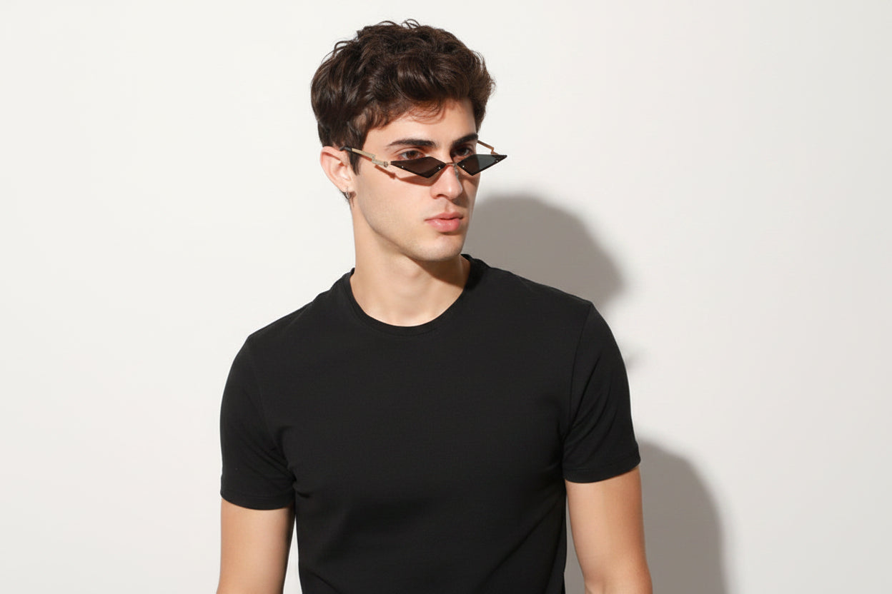 Model wearing Aether Rimless Sunglasses minimal frameless design outdoor style
