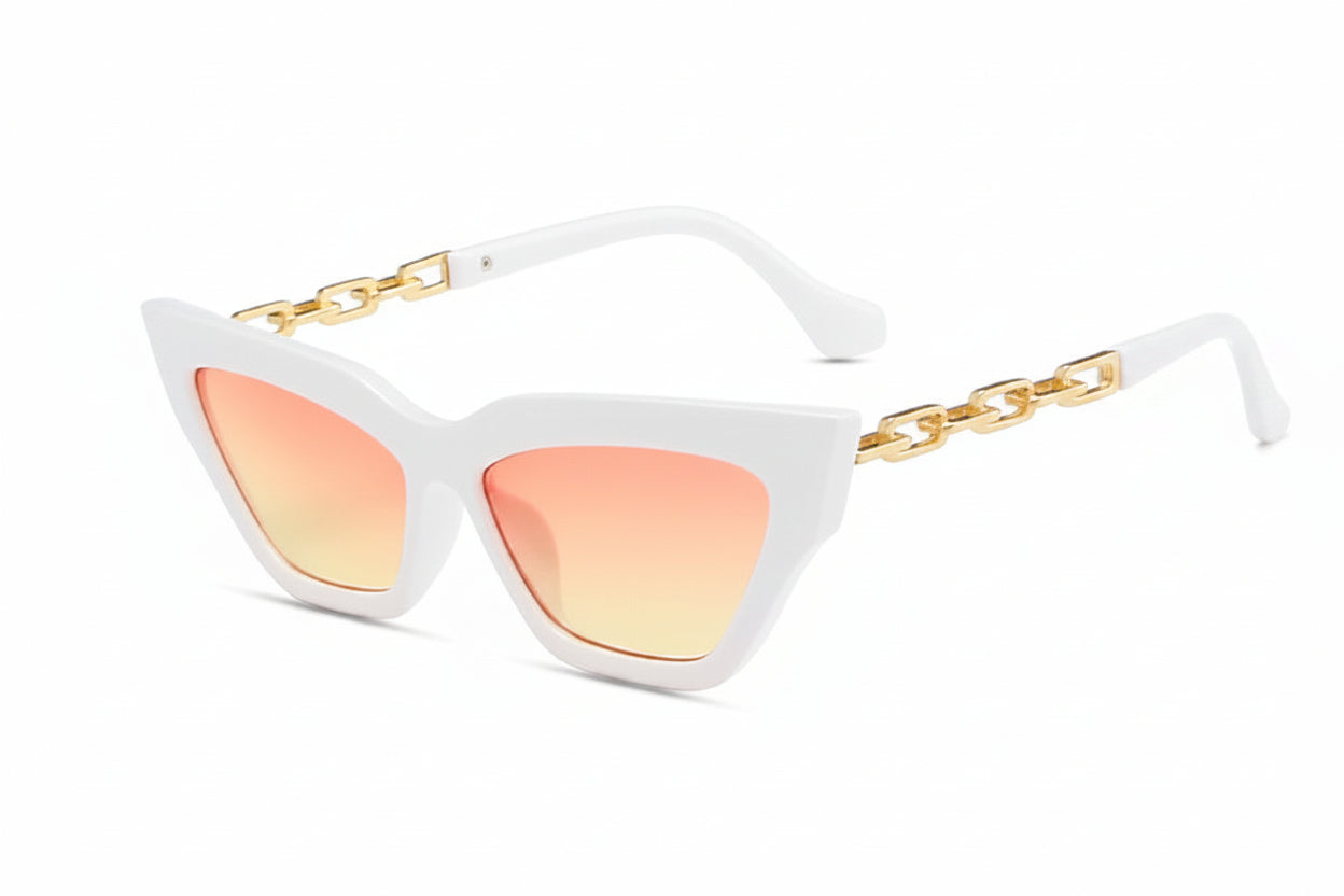 Veloura Chain Cat-Eye Sunglasses white frame with sunset gradient lenses and chain