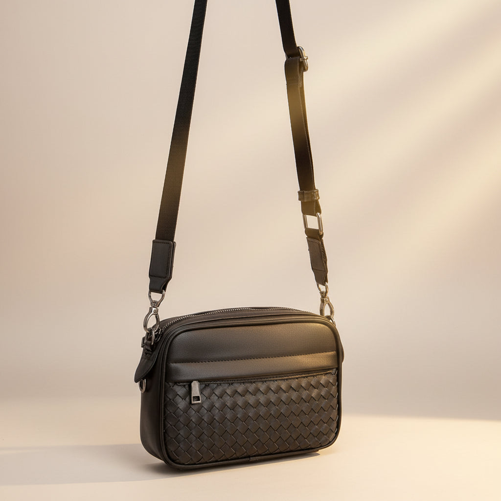 Side view of crossbody sling bag with adjustable strap