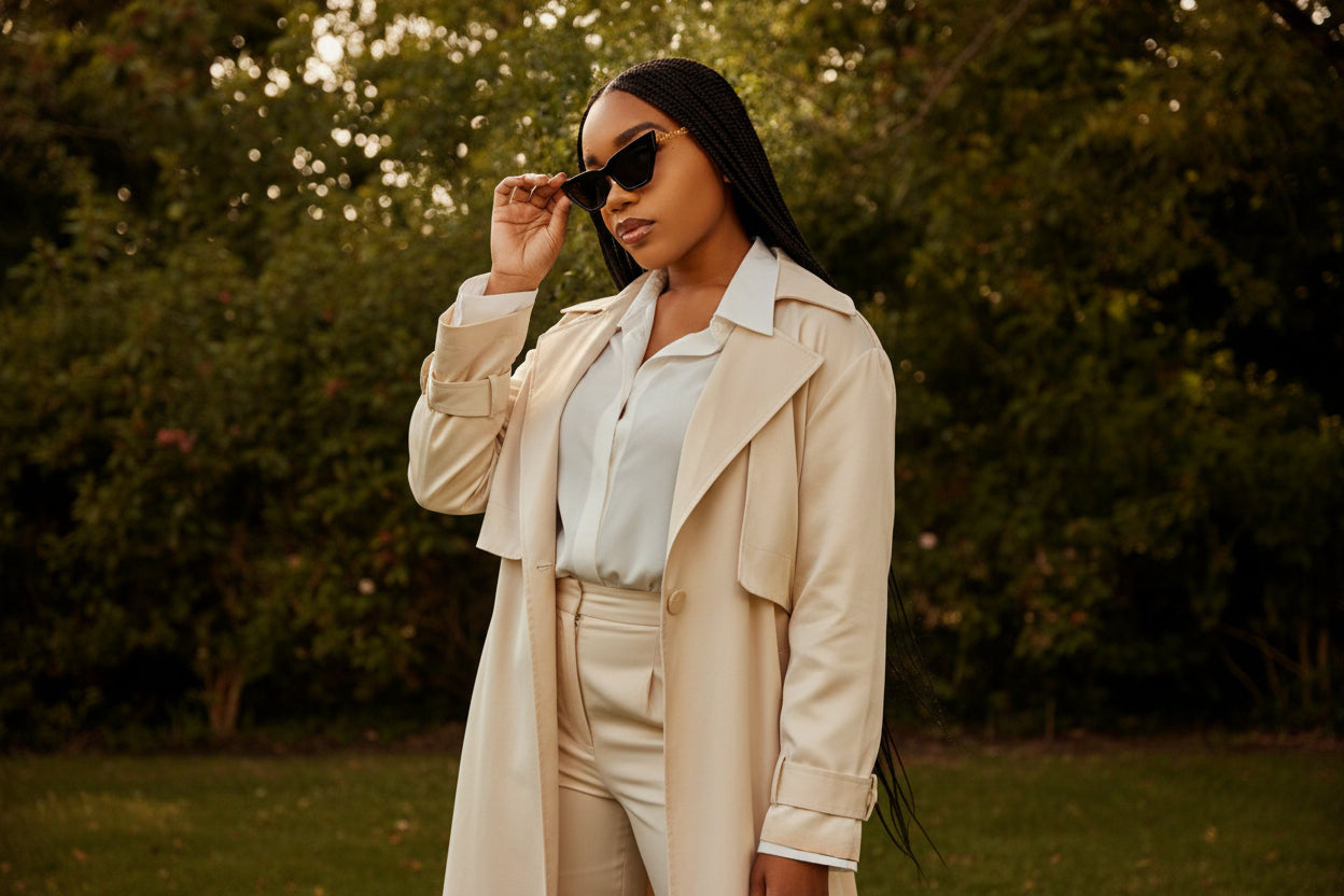 Veloura Chain Cat-Eye Sunglasses worn by model with beige outfit outdoors