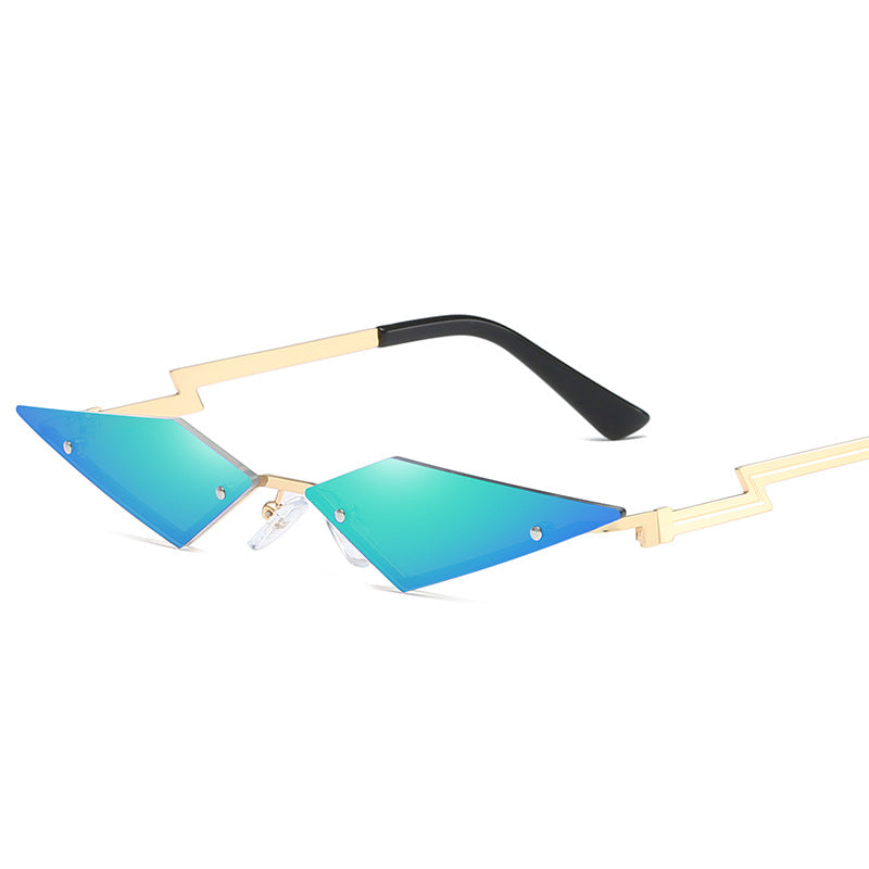 Aether Rimless Sunglasses with blue gradient lenses and gold frame detail