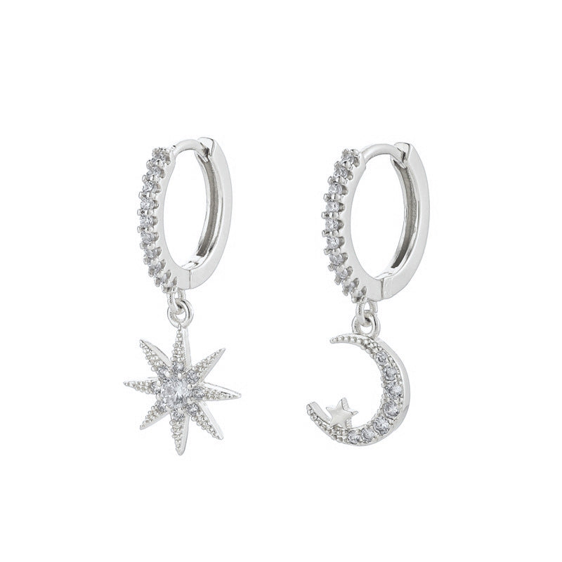 silver celestial hoop earrings star moon design