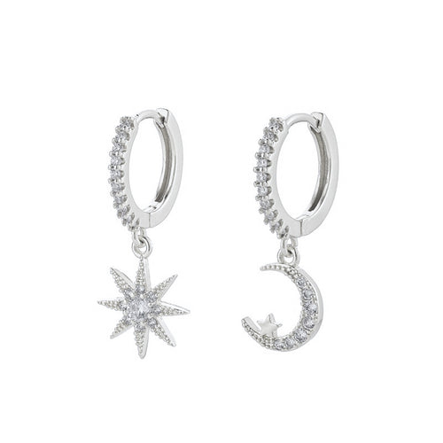 silver celestial hoop earrings star moon design