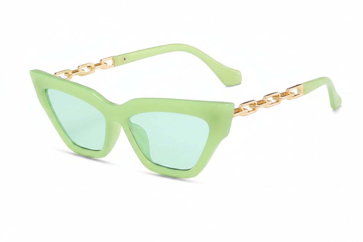 Veloura Chain Cat-Eye Sunglasses green frame with tinted lenses and chain