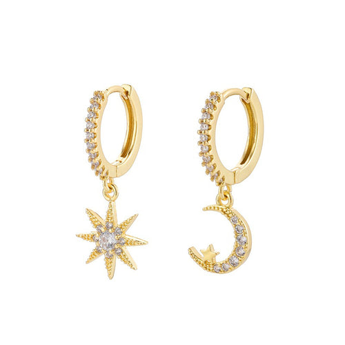 Gold hoop earrings with star and crescent moon detail