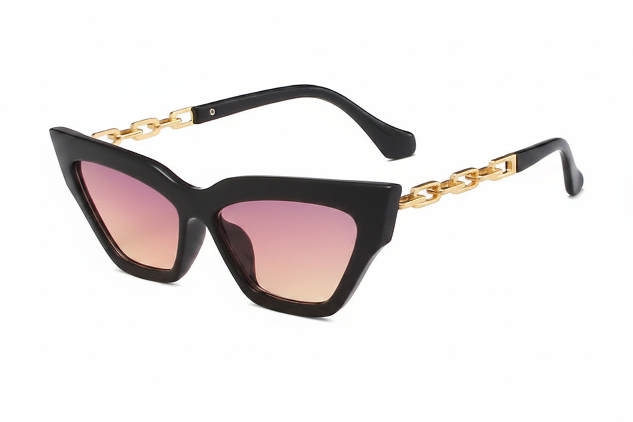 Veloura Chain Cat-Eye Sunglasses black frame with rose tinted lenses and chain