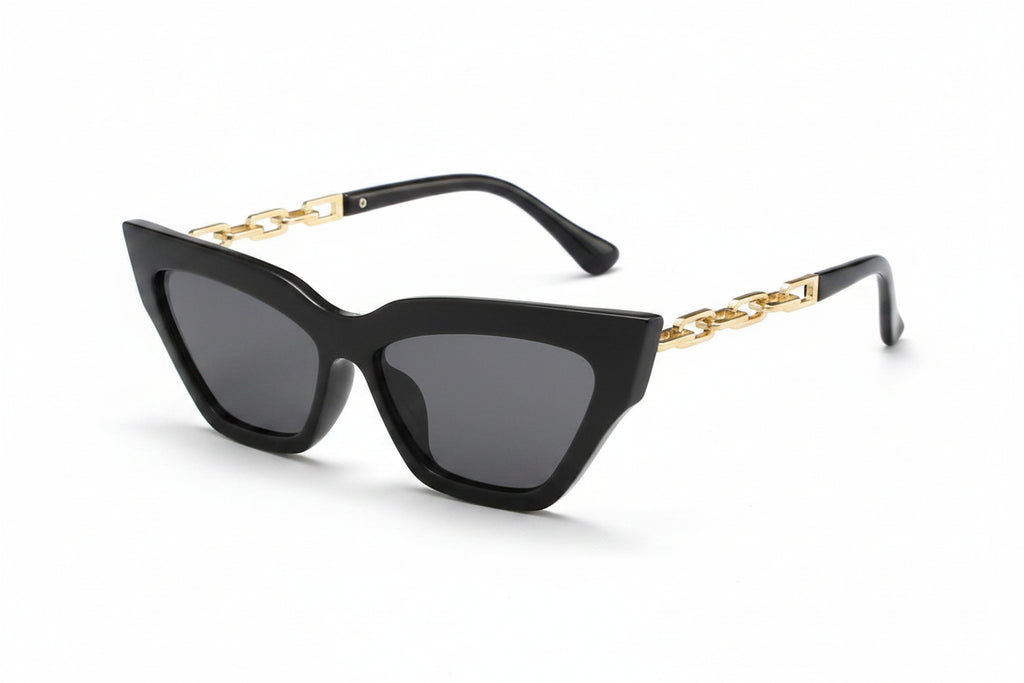 Veloura Chain Cat-Eye Sunglasses black frame with dark lenses and chain detail