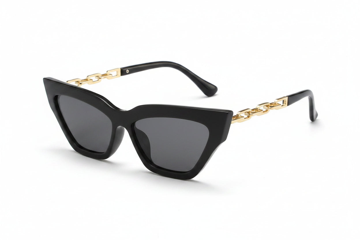 Veloura Chain Cat-Eye Sunglasses black frame with dark lenses and chain detail