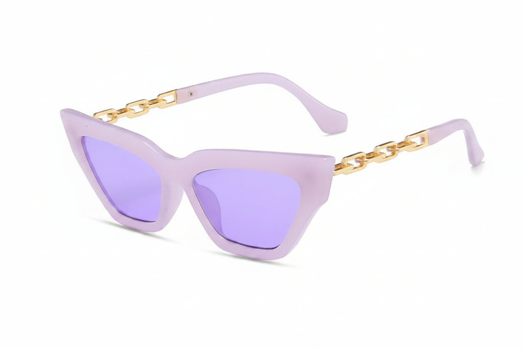 Veloura Chain Cat-Eye Sunglasses purple frame with lilac lenses and chain detail