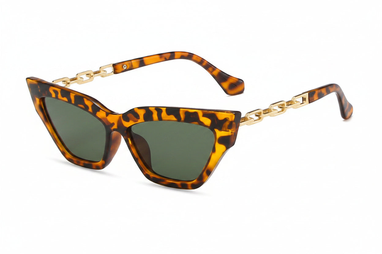 Veloura Chain Cat-Eye Sunglasses leopard frame with green lenses and chain detail